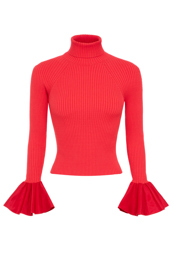 Narrow-ribbed sweater with ruffle sleeves - Elisabetta Franchi® Outlet