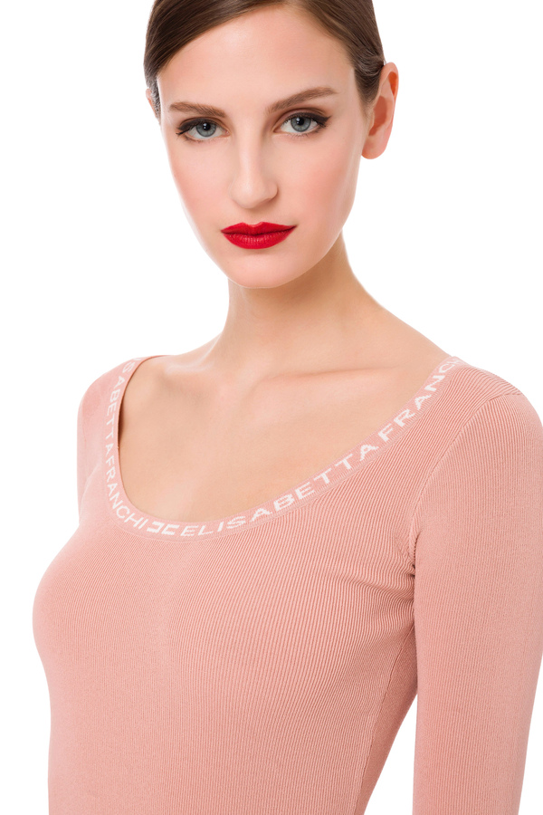 Jersey de canalé y cuello con logotipo - Elisabetta Franchi® Outlet
