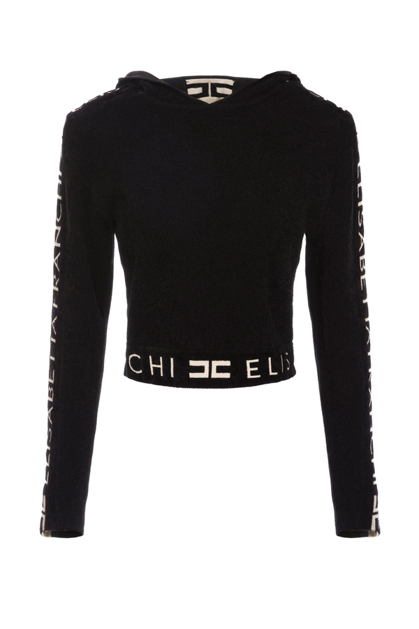 Cropped sweatshirt with hood and logoed bands - Elisabetta Franchi® Outlet