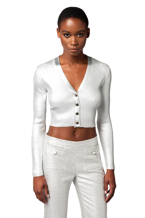 Cropped cardigan in laminated viscose fabric - Elisabetta Franchi® Outlet