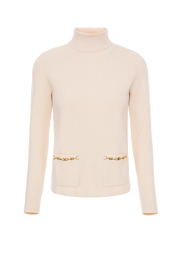 Fine rib top with high collar and horsebit detail - Elisabetta Franchi® Outlet