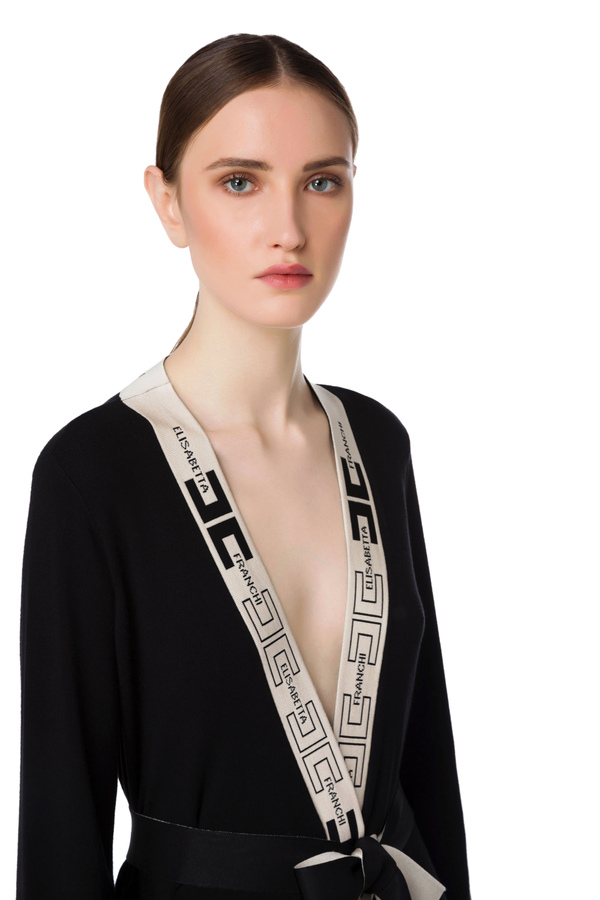 Dressing gown style cardigan with logo - Elisabetta Franchi® Outlet