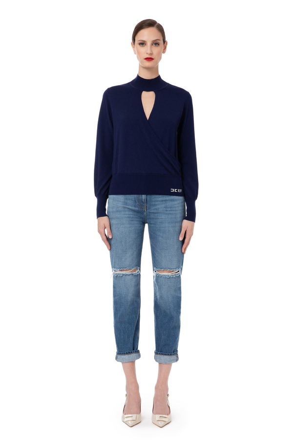 Wool high collar top with logo - Elisabetta Franchi® Outlet