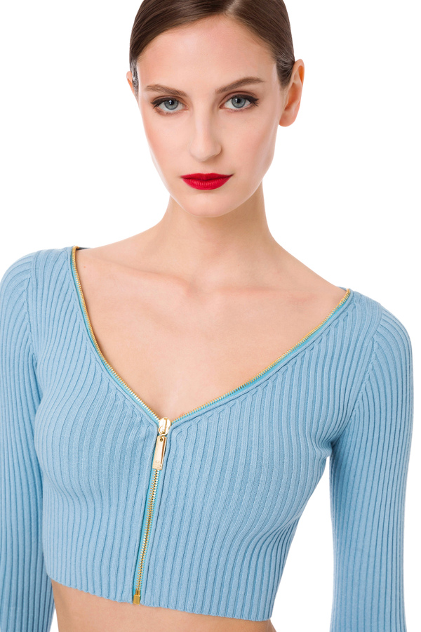 Cropped top with V-neck and zip - Elisabetta Franchi® Outlet