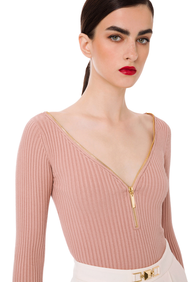 Long sleeve ribbed top with zip - Elisabetta Franchi® Outlet
