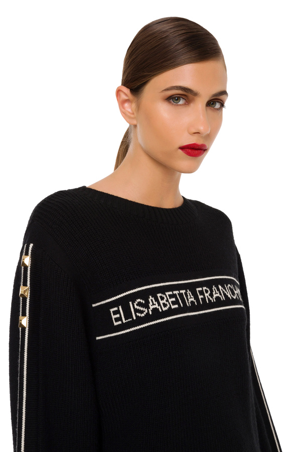 Sweater with contrasting logo and bands - Elisabetta Franchi® Outlet