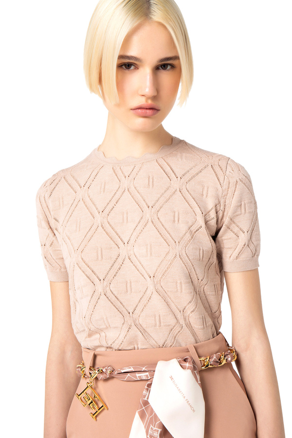 Knit T-shirt in lace stitch - Elisabetta Franchi® Outlet