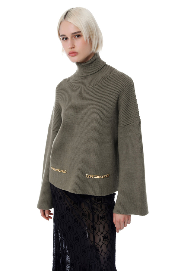 Viscose oversized roll neck top with logoed clasps - Elisabetta Franchi® Outlet
