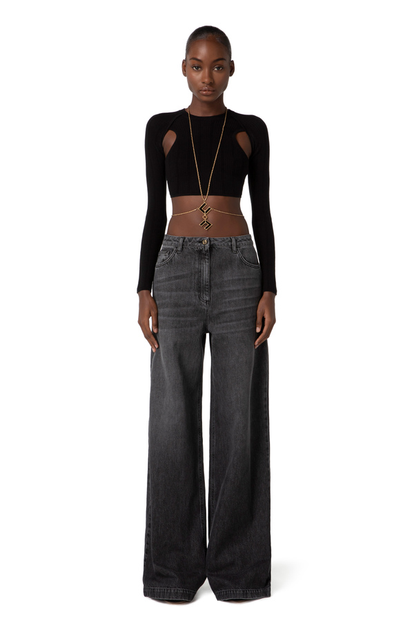 Cropped-Top aus Lyocell in Rippoptik mit Cut-out - Elisabetta Franchi® Outlet