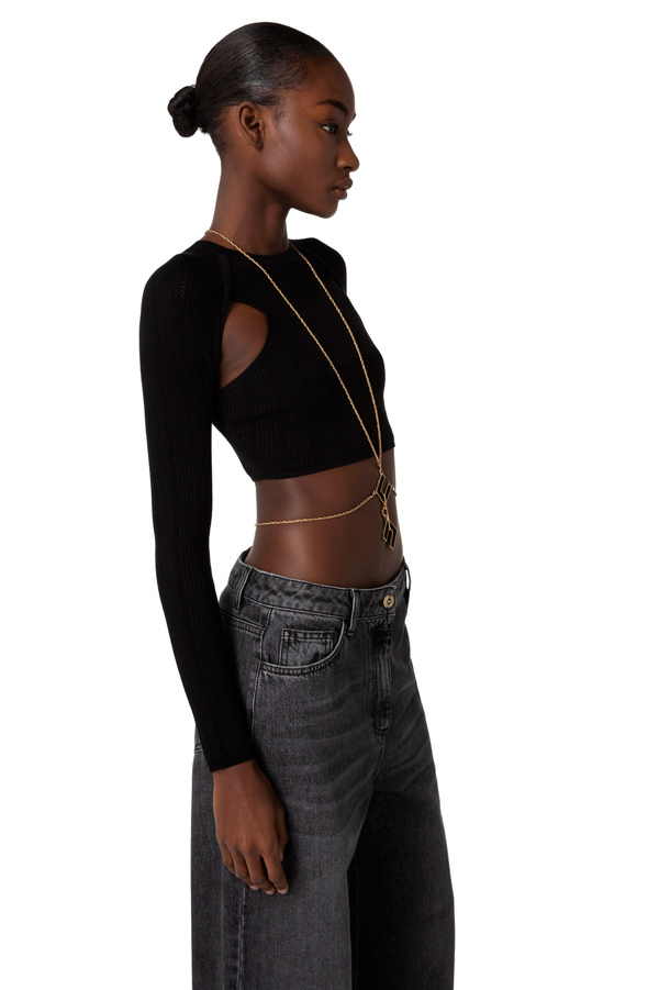 Cropped-Top aus Lyocell in Rippoptik mit Cut-out - Elisabetta Franchi® Outlet
