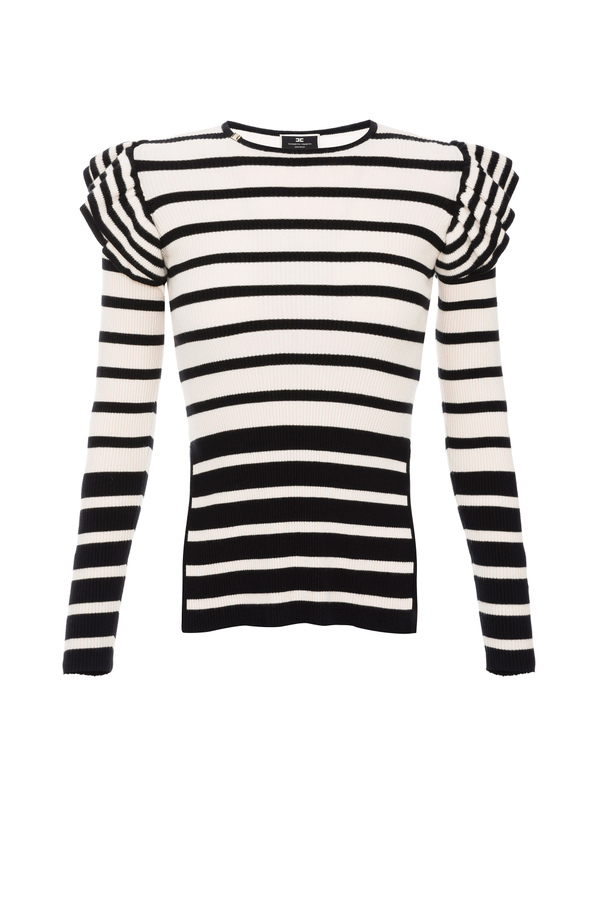 Striped crew neck sweater with ruffles - Elisabetta Franchi® Outlet
