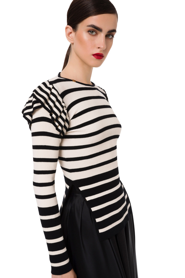 Striped crew neck sweater with ruffles - Elisabetta Franchi® Outlet