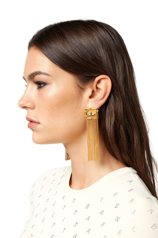 Orecchini logo con nappine pendenti e strass - Elisabetta Franchi® Outlet