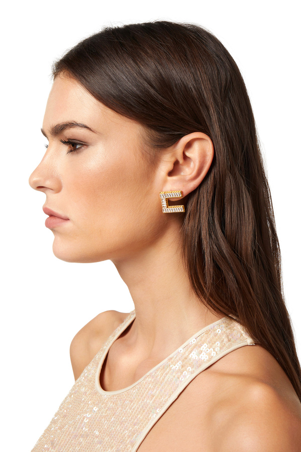Earrings with logo and baguette rhinestones - Elisabetta Franchi® Outlet