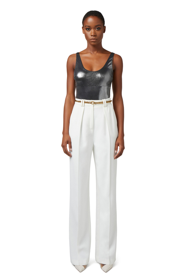 Pantalone dritto in viscosa con cintura - Elisabetta Franchi® Outlet