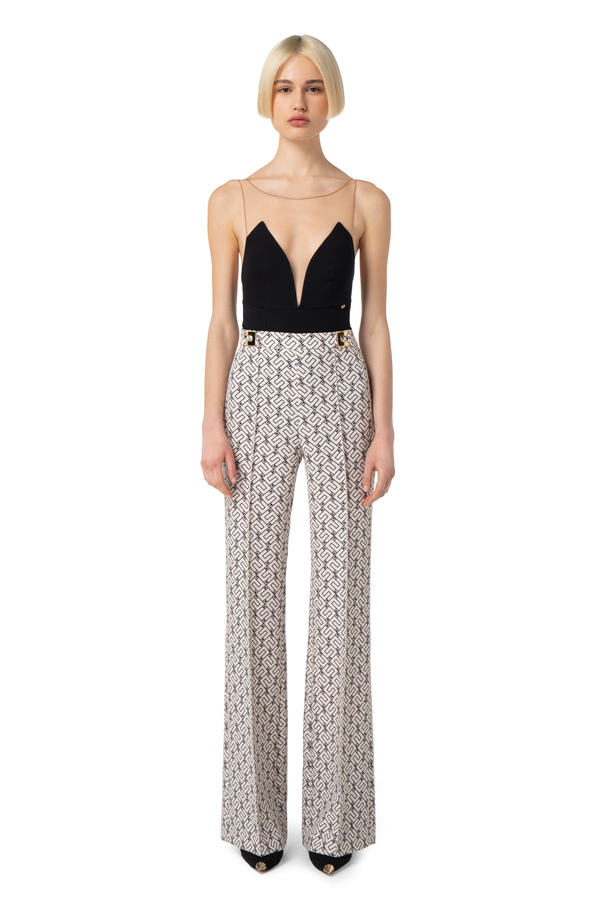 Palazzo trousers in crêpe fabric with logo print - Elisabetta Franchi® Outlet