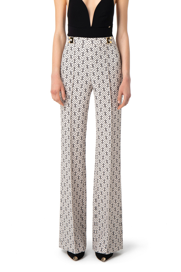 Palazzo trousers in crêpe fabric with logo print - Elisabetta Franchi® Outlet