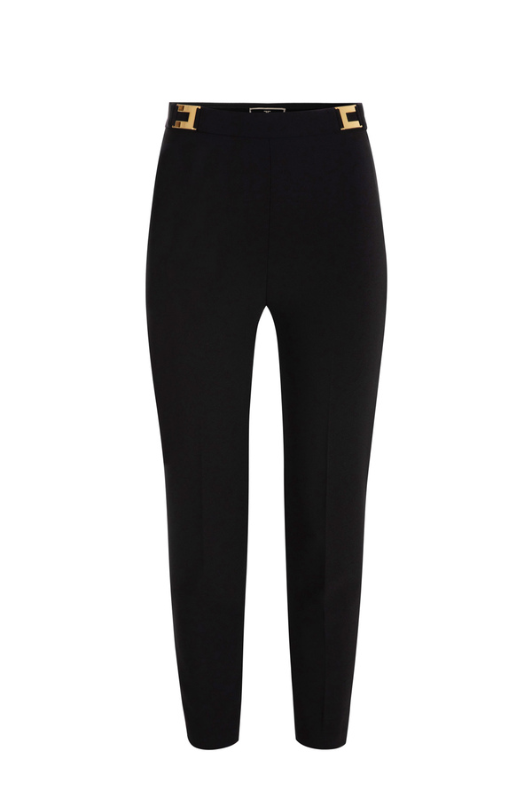 Crêpe straight fit trousers with logo plaques - Elisabetta Franchi® Outlet