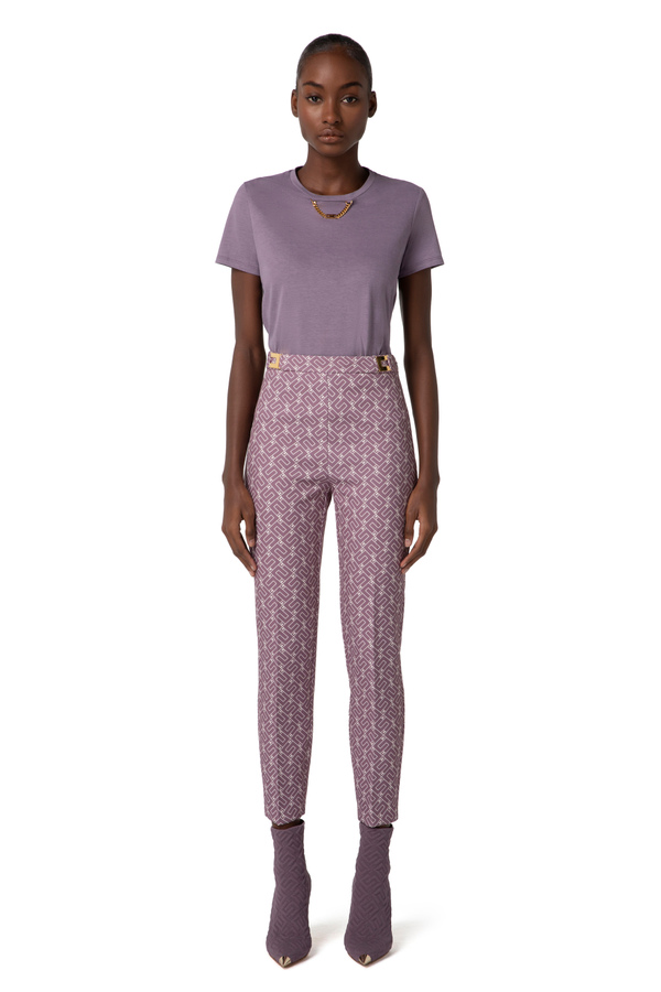 Straight fit trousers in crêpe fabric with logo print - Elisabetta Franchi® Outlet