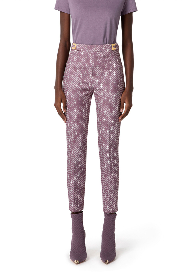 Straight fit trousers in crêpe fabric with logo print - Elisabetta Franchi® Outlet