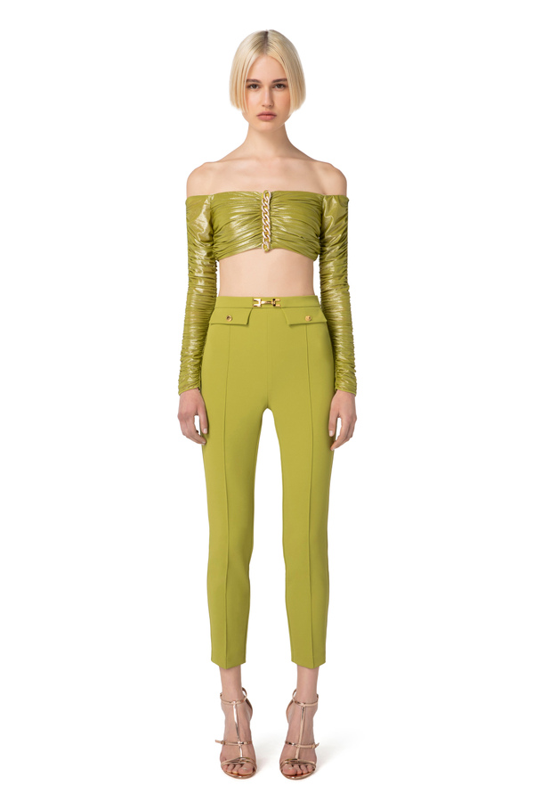 Pantalón recto de crepé con corchete - Elisabetta Franchi® Outlet