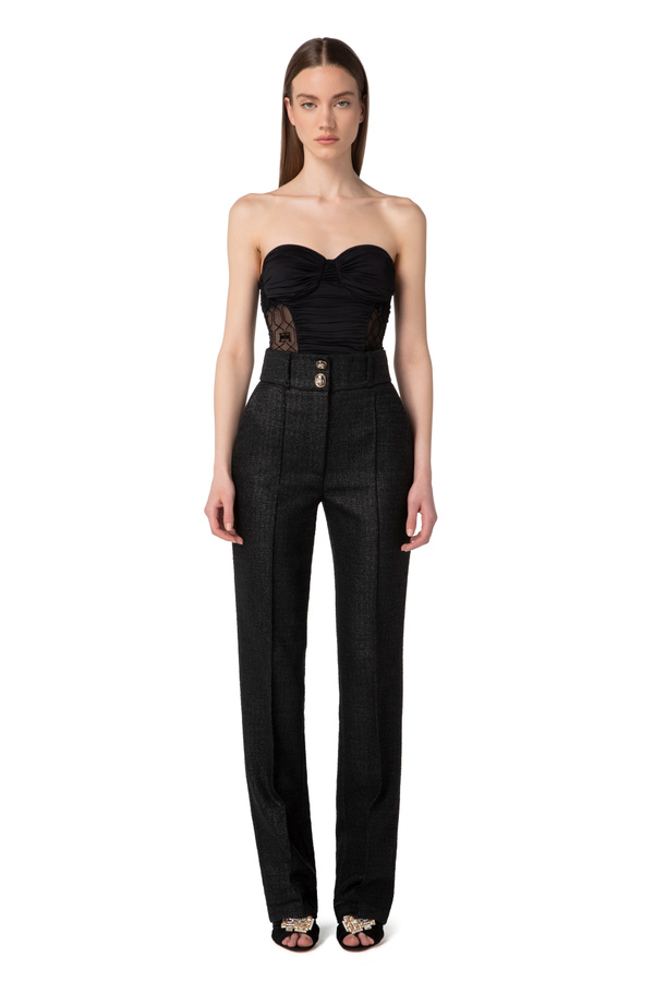 Gerade geschnittene Hose aus laminiertem Tweed - Elisabetta Franchi® Outlet
