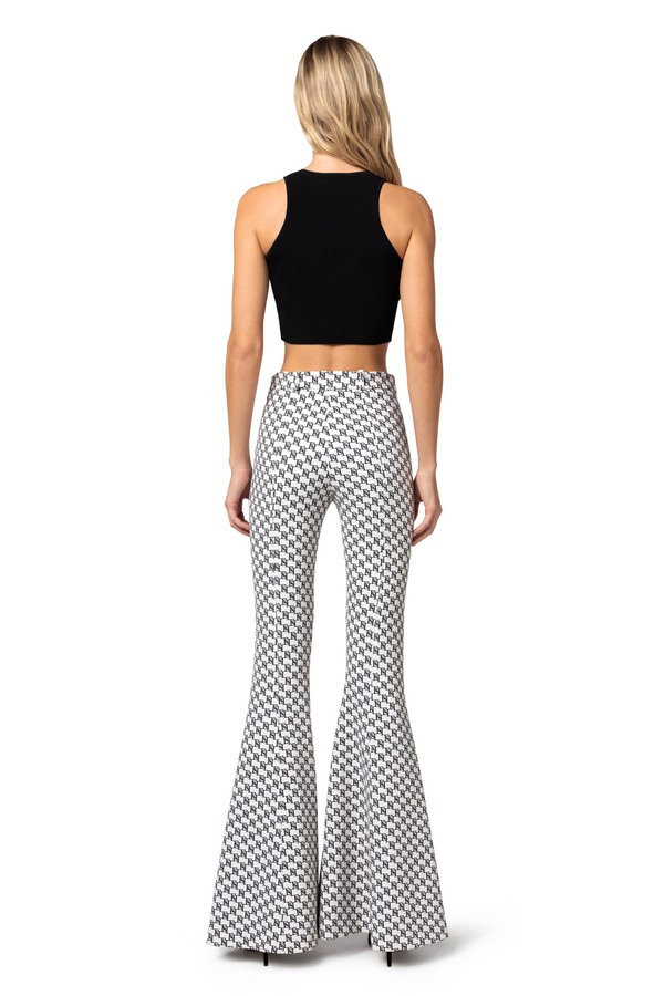 Bell-bottom trousers in stretch crêpe fabric with logo print - Elisabetta Franchi® Outlet