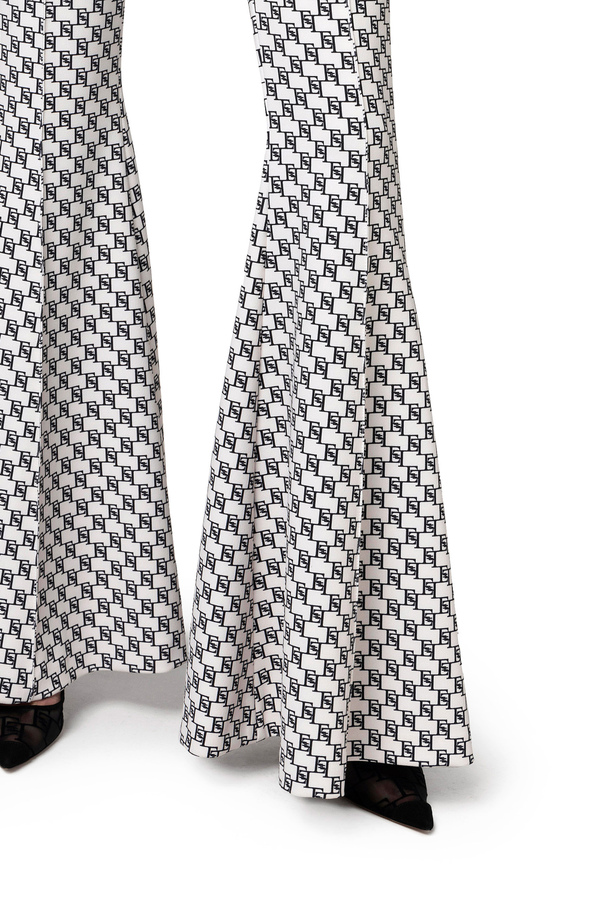 Bell-bottom trousers in stretch crêpe fabric with logo print - Elisabetta Franchi® Outlet