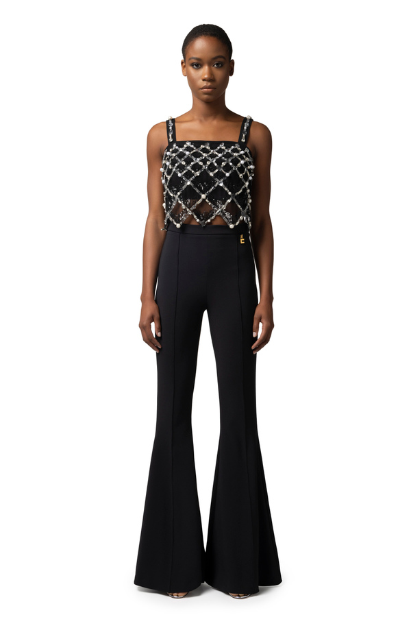 Schlaghose aus Stretch-Crêpe mit Charms - Elisabetta Franchi® Outlet