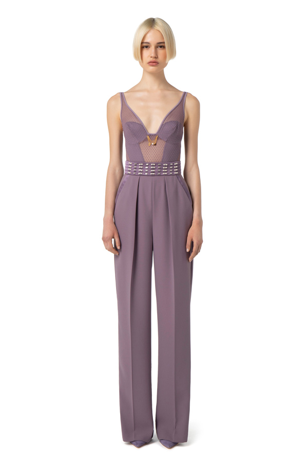 Palazzo trousers in crêpe fabric with embroidered band - Elisabetta Franchi® Outlet