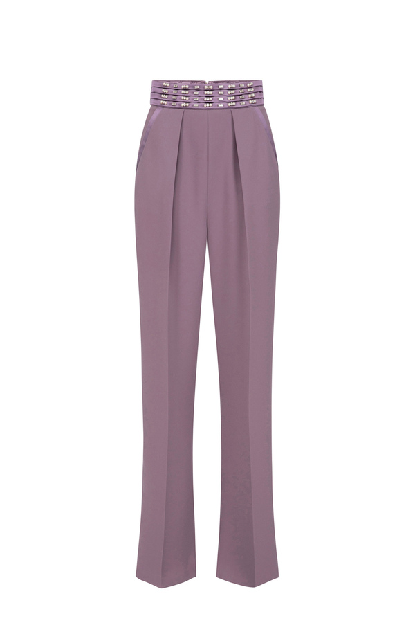 Pantalón palazzo de crepé con cinturilla ancha bordada - Elisabetta Franchi® Outlet