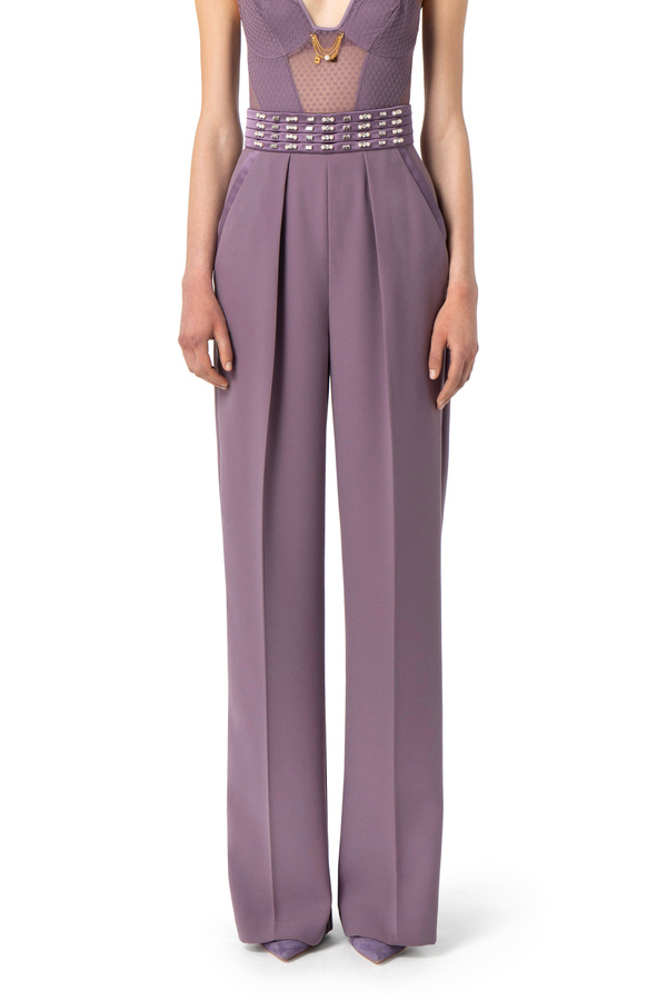 Pantalón palazzo de crepé con cinturilla ancha bordada - Elisabetta Franchi® Outlet