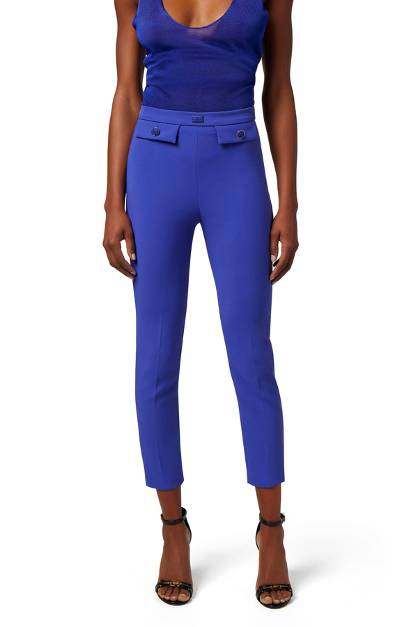 Straight trousers in stretch crêpe fabric with flaps - Elisabetta Franchi® Outlet