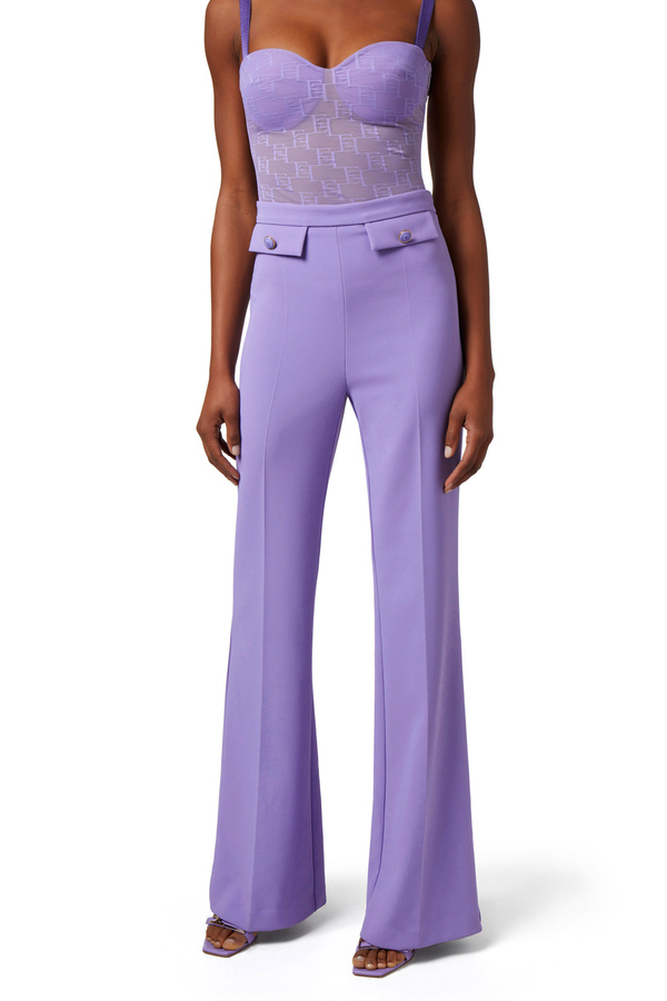 Palazzo trousers in stretch crêpe fabric with flaps - Elisabetta Franchi® Outlet
