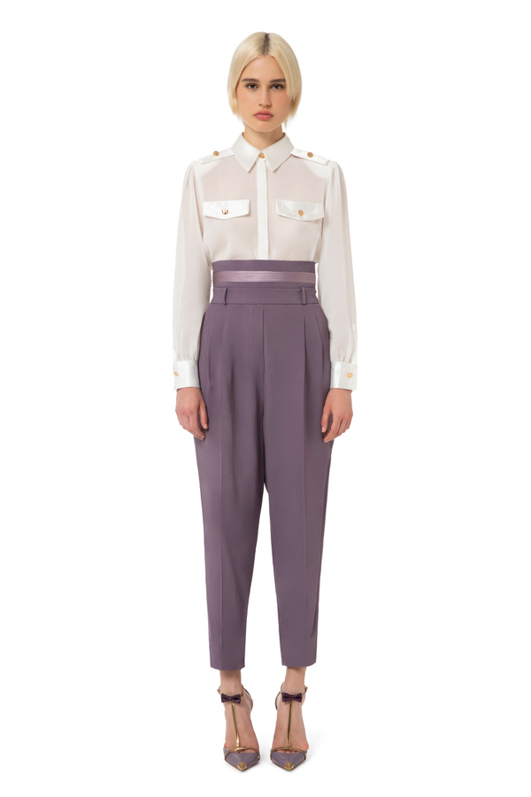 Pantalon droit en crêpe avec bordures en satin - Elisabetta Franchi® Outlet