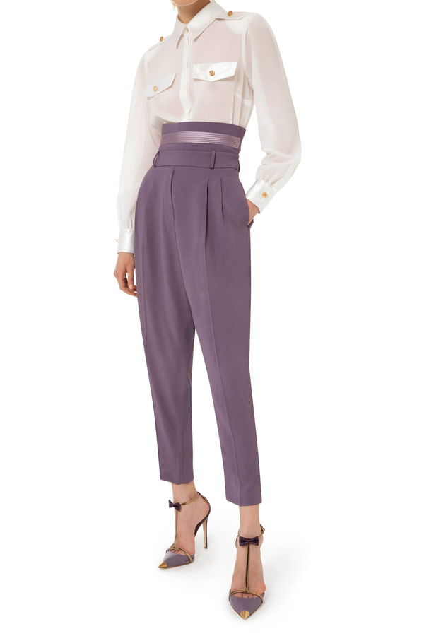 Pantalon droit en crêpe avec bordures en satin - Elisabetta Franchi® Outlet