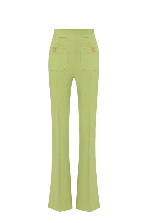 Pantalone palazzo in crêpe stretch con placche logo - Elisabetta Franchi® Outlet