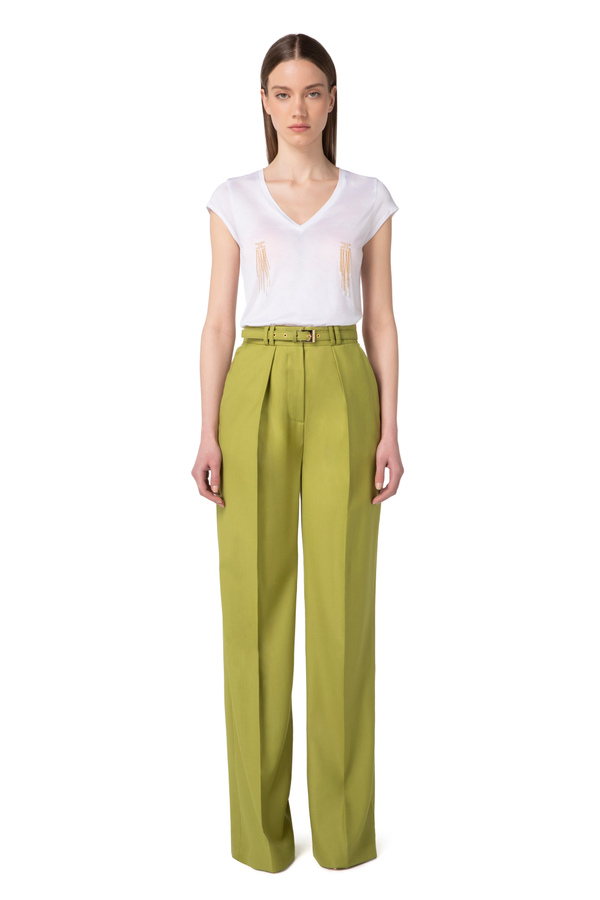 Palazzo trousers in cool wool with belt - Elisabetta Franchi® Outlet