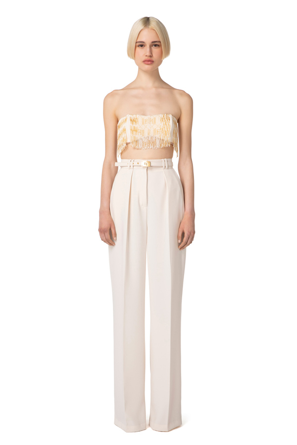 Palazzo trousers in crêpe fabric with belt - Elisabetta Franchi® Outlet