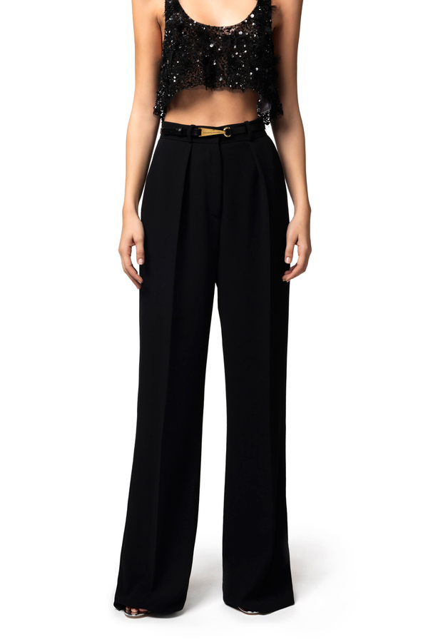 Straight trousers in lightweight crêpe fabric with snap hook - Elisabetta Franchi® Outlet