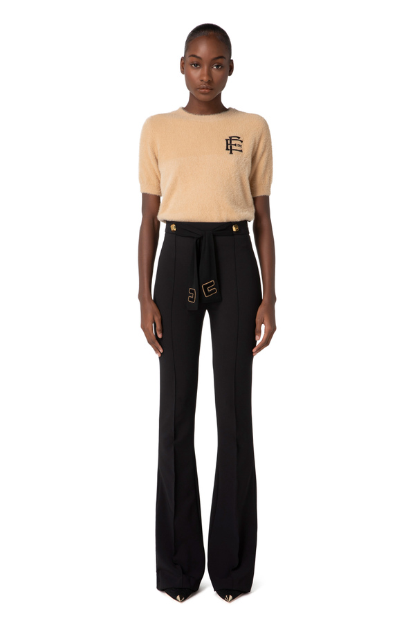 Palazzo trousers in crêpe fabric with sash belt - Elisabetta Franchi® Outlet