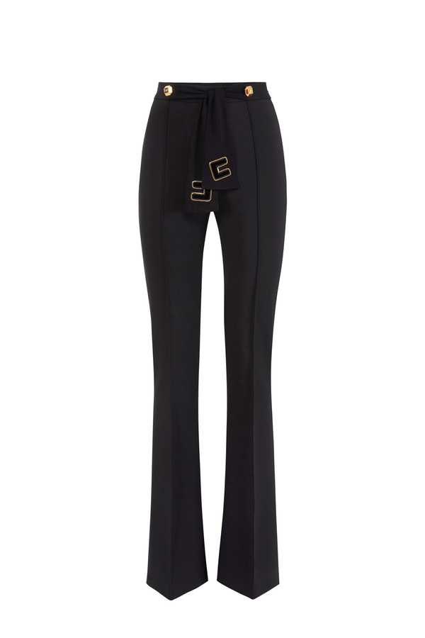 Palazzo trousers in crêpe fabric with sash belt - Elisabetta Franchi® Outlet