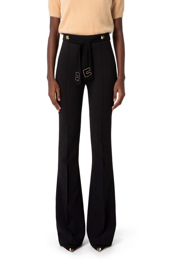 Palazzo trousers in crêpe fabric with sash belt - Elisabetta Franchi® Outlet