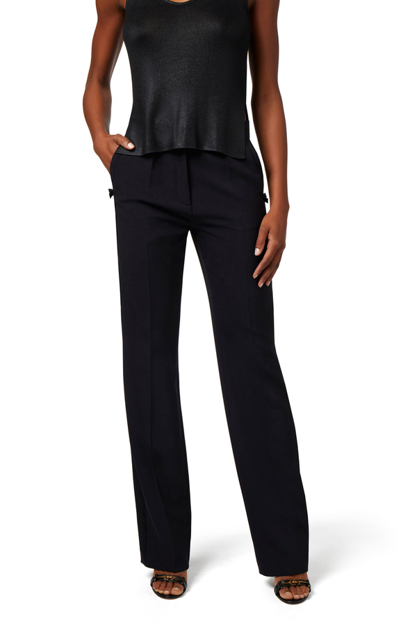Straight trousers in lightweight crêpe fabric with satin band - Elisabetta Franchi® Outlet