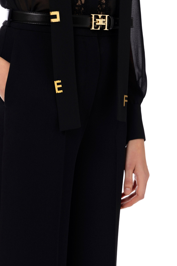 Palazzo trousers in crêpe fabric with belt - Elisabetta Franchi® Outlet