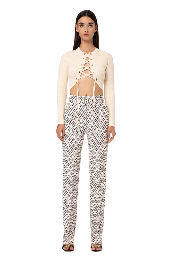 Double layer crêpe trousers printed with diamond pattern - Elisabetta Franchi® Outlet