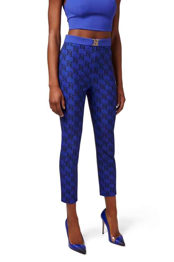 Straight fit trousers in stretch crêpe fabric with logo print - Elisabetta Franchi® Outlet