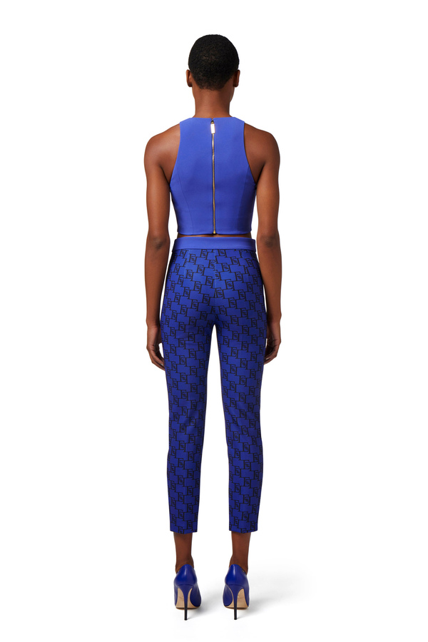 Straight fit trousers in stretch crêpe fabric with logo print - Elisabetta Franchi® Outlet