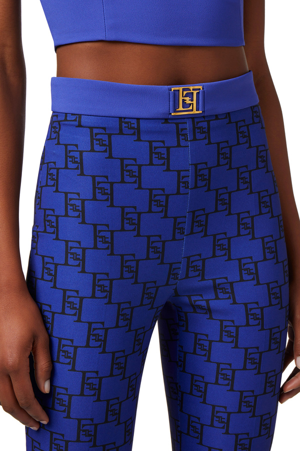 Straight fit trousers in stretch crêpe fabric with logo print - Elisabetta Franchi® Outlet