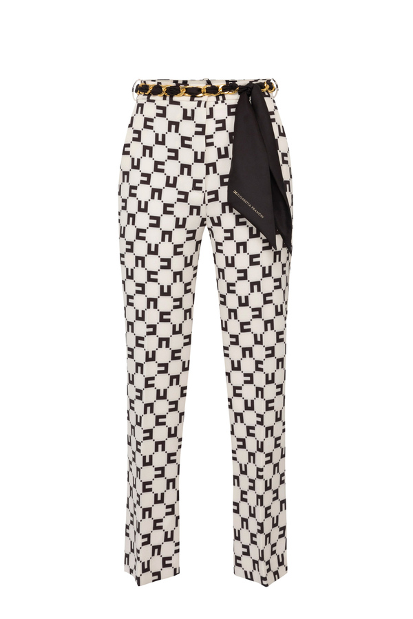 Schlaghose aus Stretch-Crêpe mit Logo-Print und Gürtel mit Tuch - Elisabetta Franchi® Outlet